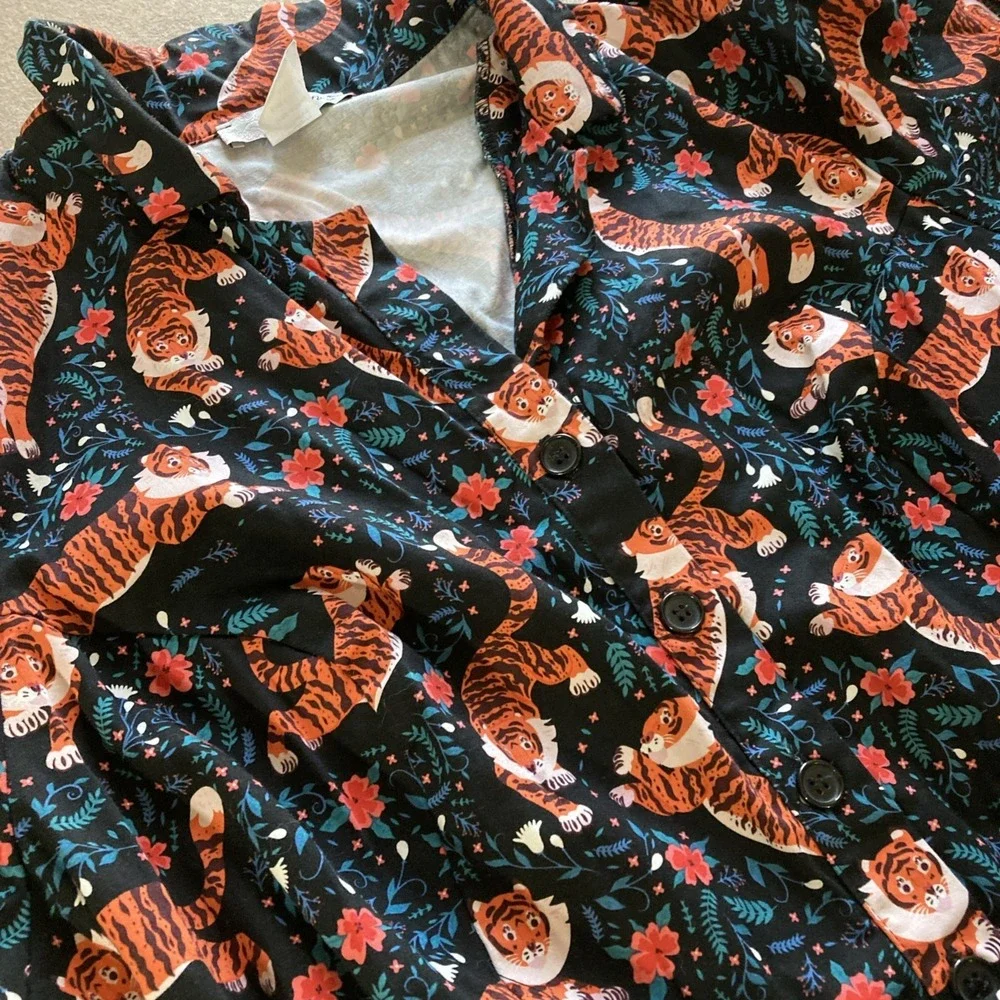 Eva Rose Fit & Flare Dress Sz 3X Vtg Tiger Graphic Floral Belted Retro Pinup - Picture 6 of 9